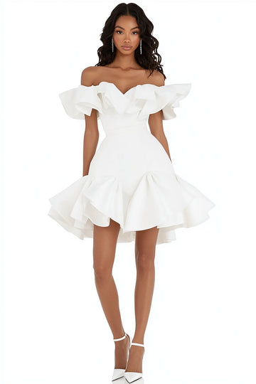 White Off The Shoulder Ruffle Mini Graduation Dress